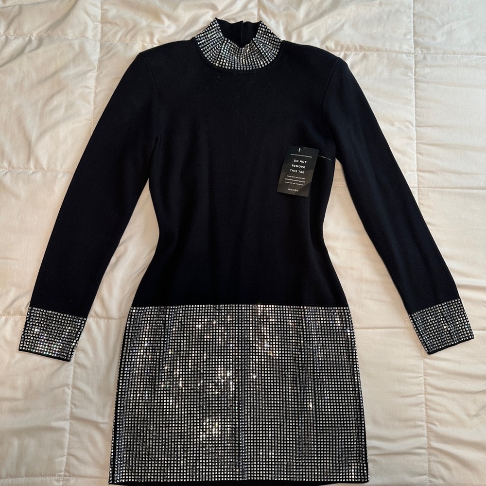 Retrofete Black Long Sleeve Mini Dress with Rhinestone Collar & Hem